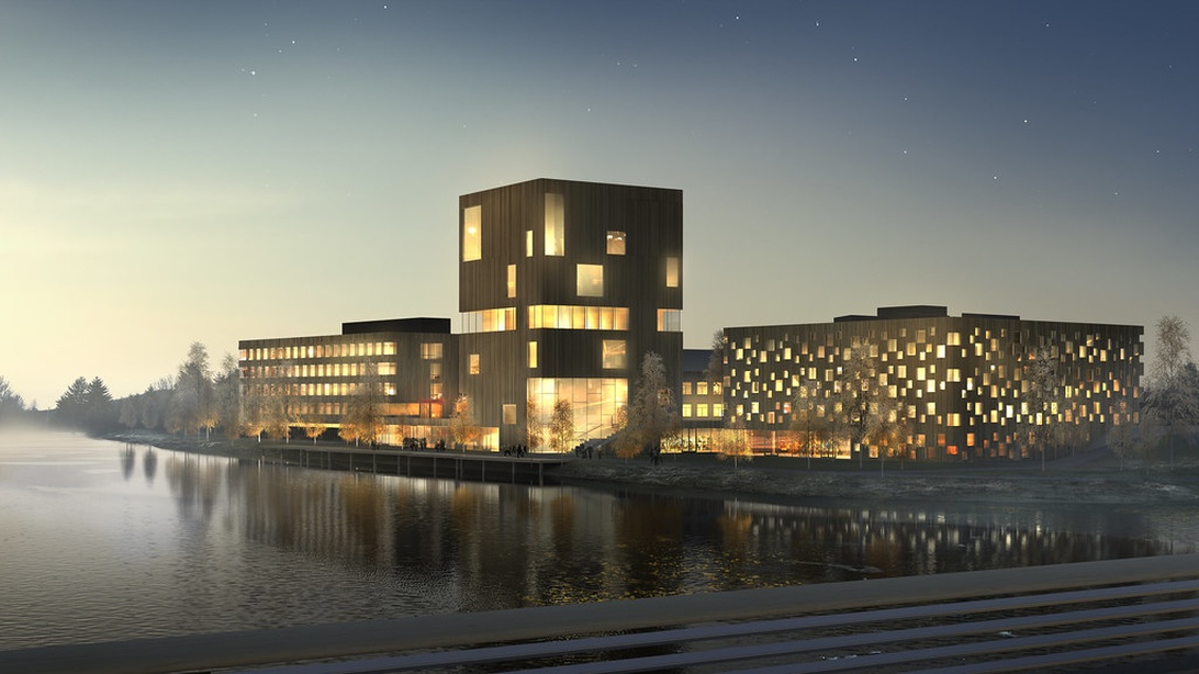 En arkitektonisk rendering nattetid av ett modernt komplex vid vatten. Utvecklingen har ett distinkt kubiskt tornelement och utsträckta horisontella byggnader med upplysta fasader. Även om den använder rena geometrier och rationalistiska designprinciper som ekar funktionalism, verkar detta vara ett samtida projekt inspirerat av modernistiska principer snarare än historisk svensk funktionalism.
