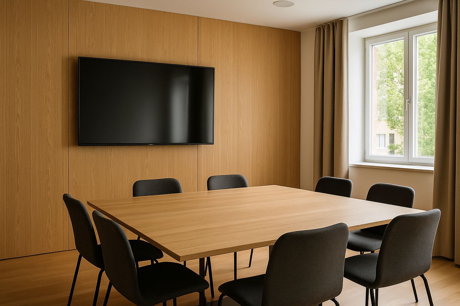 Elegant konferensrum med långt träbord, moderna stolar och fönsterutsikt.